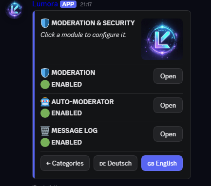 Lumora moderation overview and panel in Discord