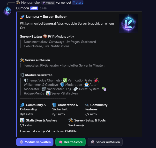 Lumora /start Embed in Discord – Module verwalten und Server aufbauen